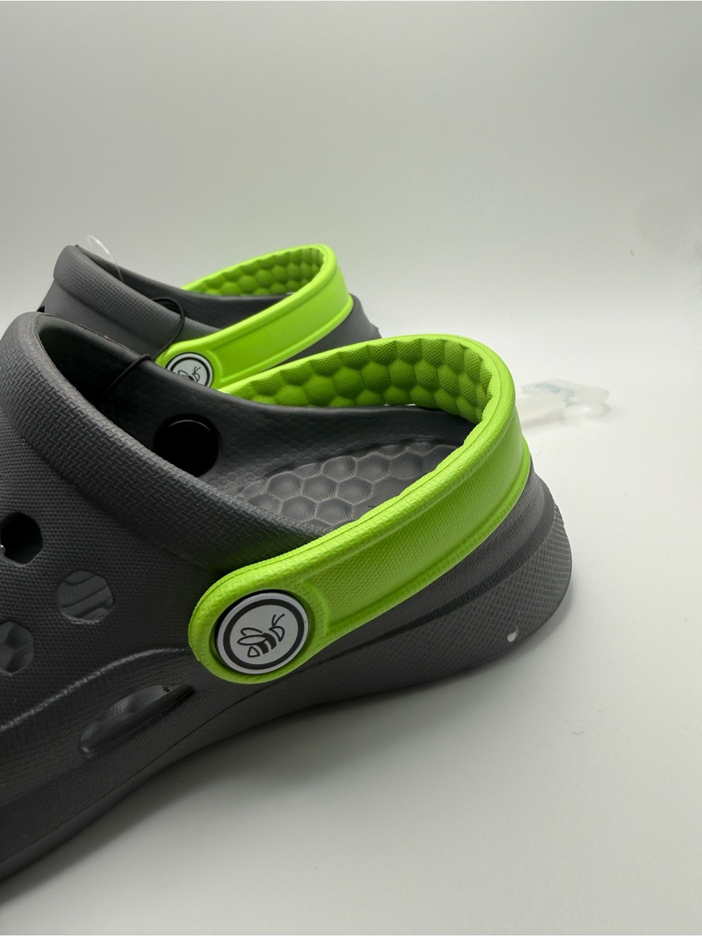 Joybees Crocs Kids Gray Clogs with Bright Green Heel Strap - Picture 9 of 14
